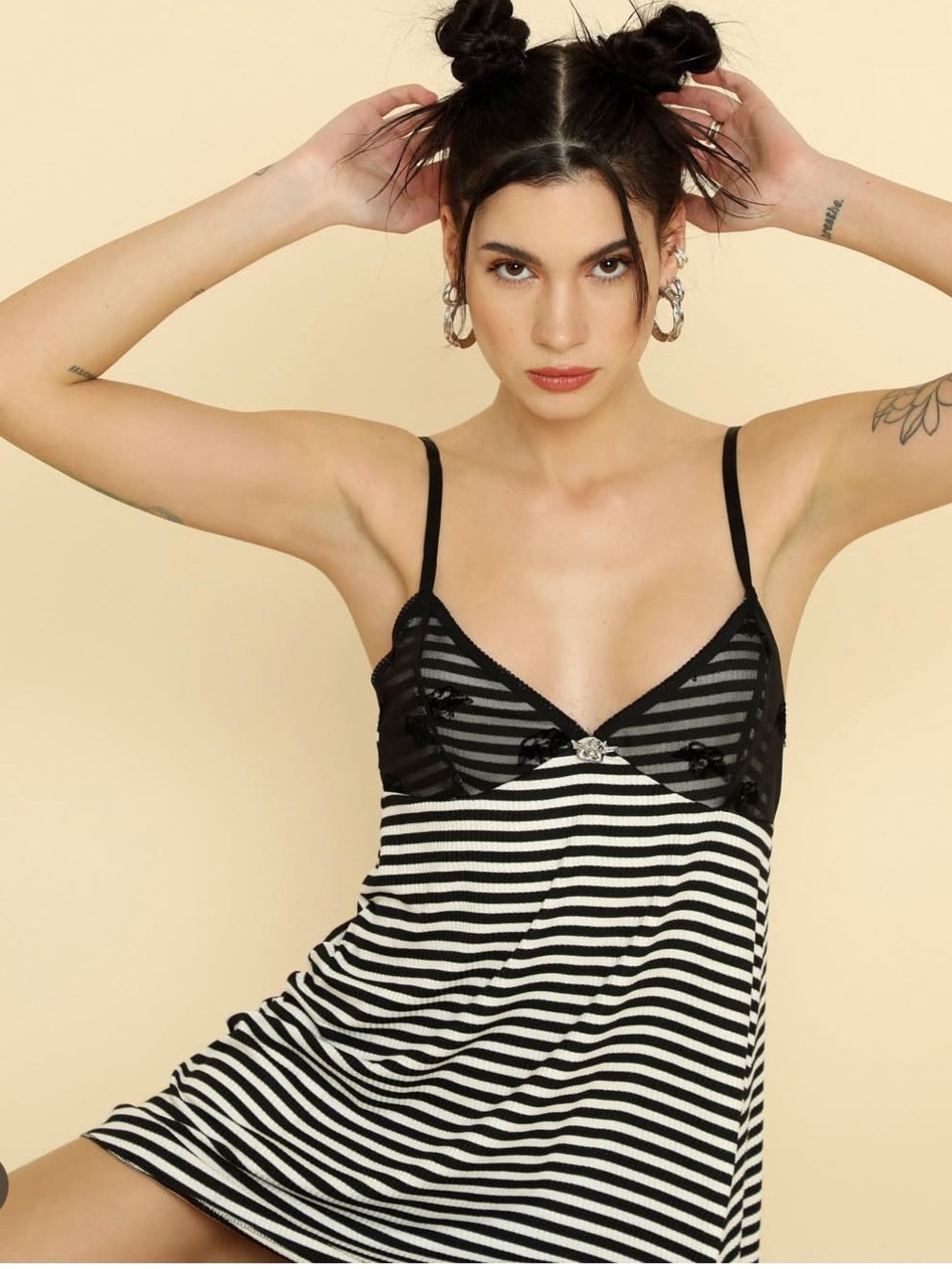 BOYS LIE Black & White Striped Lace-Trim Slip Dress
